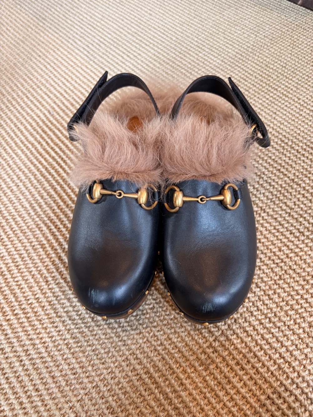 Gucci Black Leather Fur-Trim Mules with Gold Horsebit